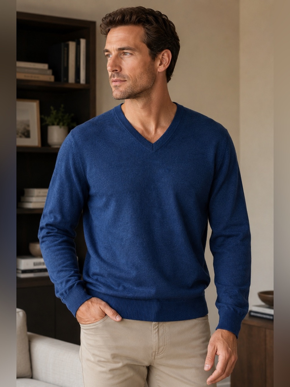 Hart Schaffner Marx 100% Extra Fine Merino Wool V-Neck Sweater Navy Blue - L